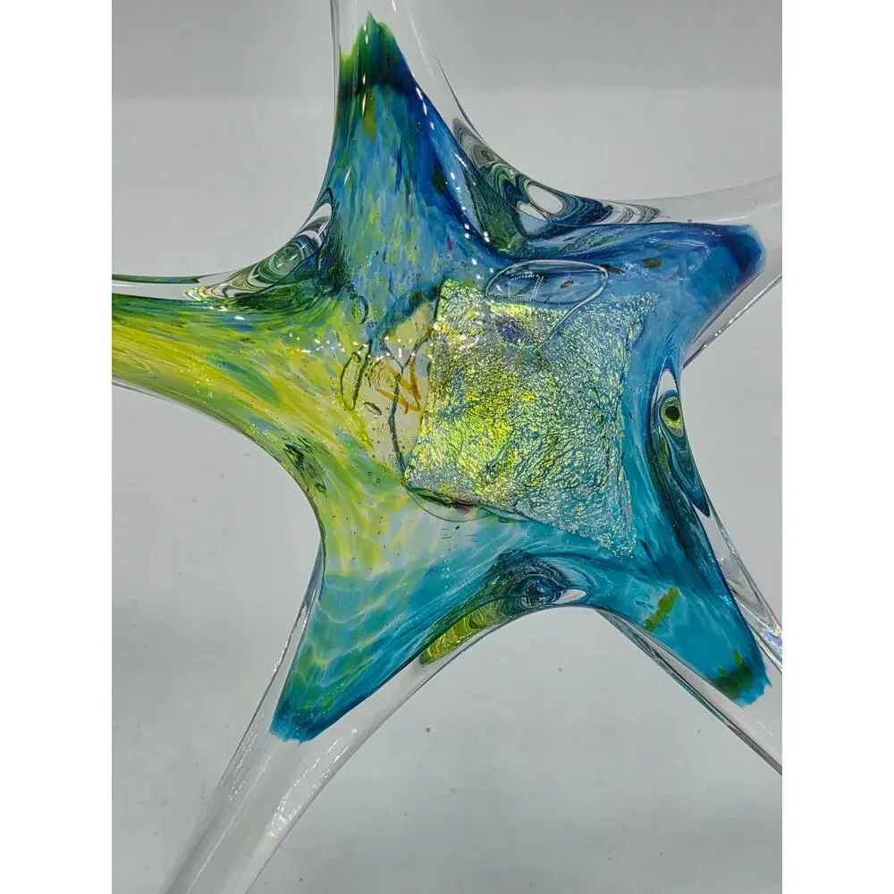 Signed Luke Adams Hand Blown Art Glass Starfish Suncatcher Ornament Blue Green 8